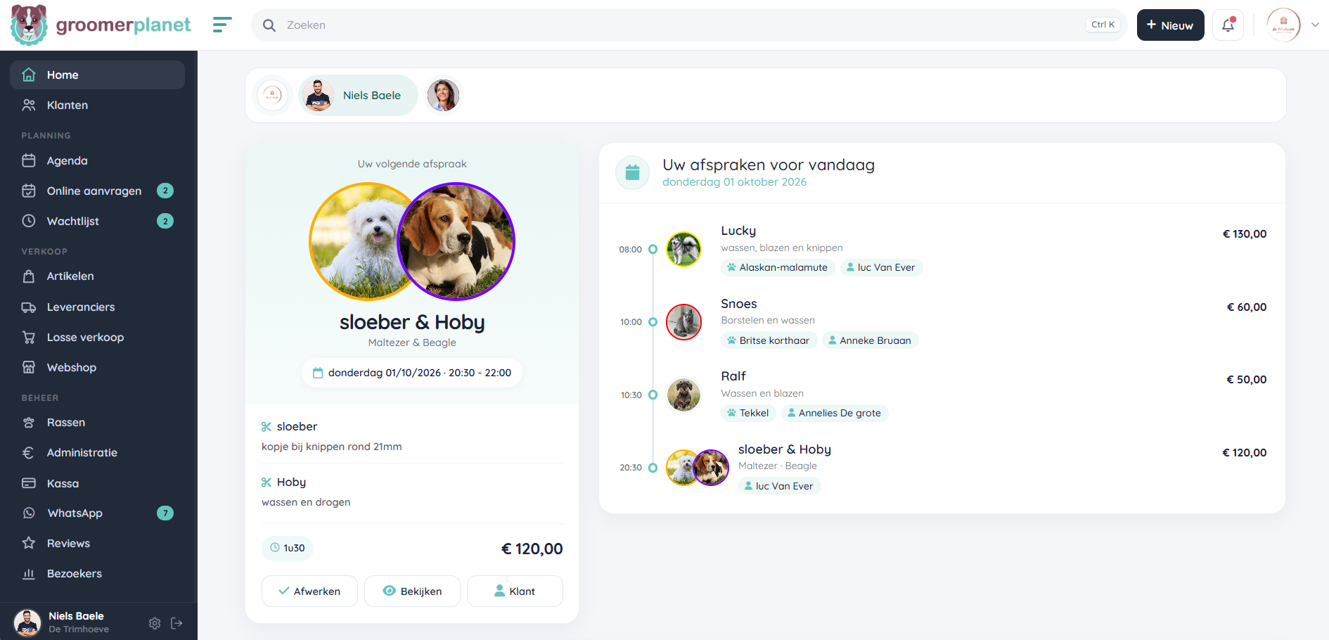 Het dashboard van Groomerplanet met de afspraken van vandaag